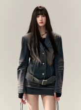 Wide Belt Denim Jacket Set